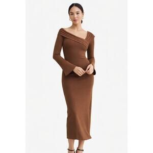 Elexiay Enugu Long Sleeve Knit Midi Dress Chocolate Brown Womens Size XS New